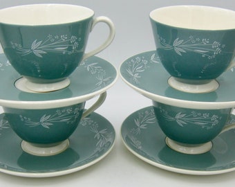 Royal Doulton Cascade (D6457) Cup and Saucer Sets (4) - White Flowers - England