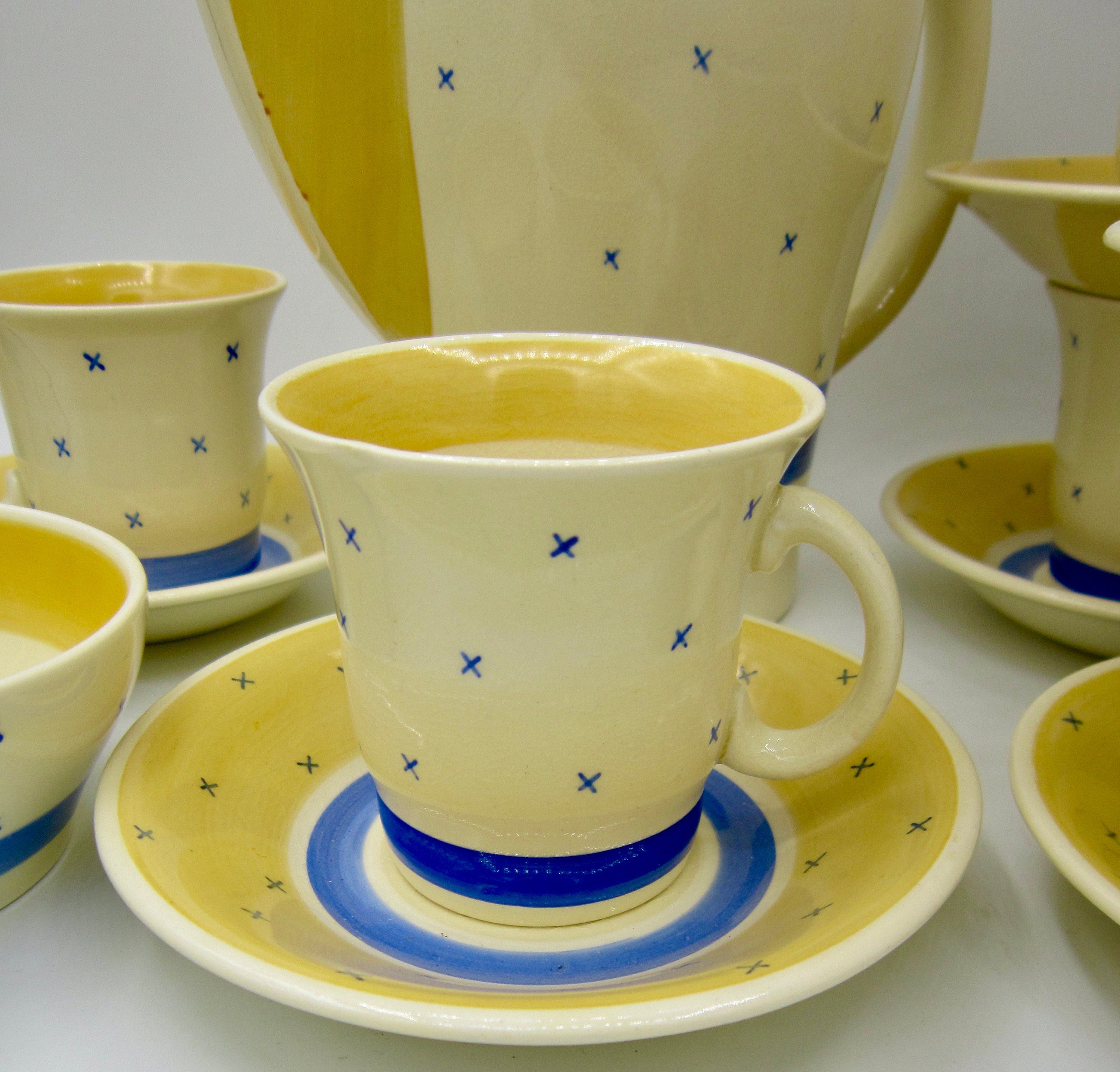 Susie Cooper Tyrol Yellow Blue Coffee Pot, Open Sugar Bowl and 6