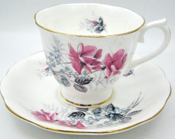 Royal Albert Bone China Teacup and Saucer - Pink Flowers, Black Grey Leaves - England