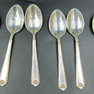 Peut inclure: Six cuillères en argent avec un motif floral décoratif à la base du manche. Les cuillères ont une surface réfléchissante et sont disposées sur une surface sombre. Les cuillères sont probablement destinées à servir ou à manger.
