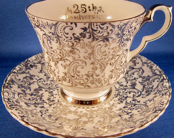 Royal Windsor Bone China Teacup & Saucer 3175/12 Silver 25th Wedding