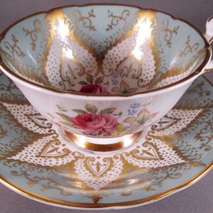 Paragon Bone China Tea Cup and Saucer (F144) Fruit and Pink Roses w/ Gold and Sage Green Accents - England