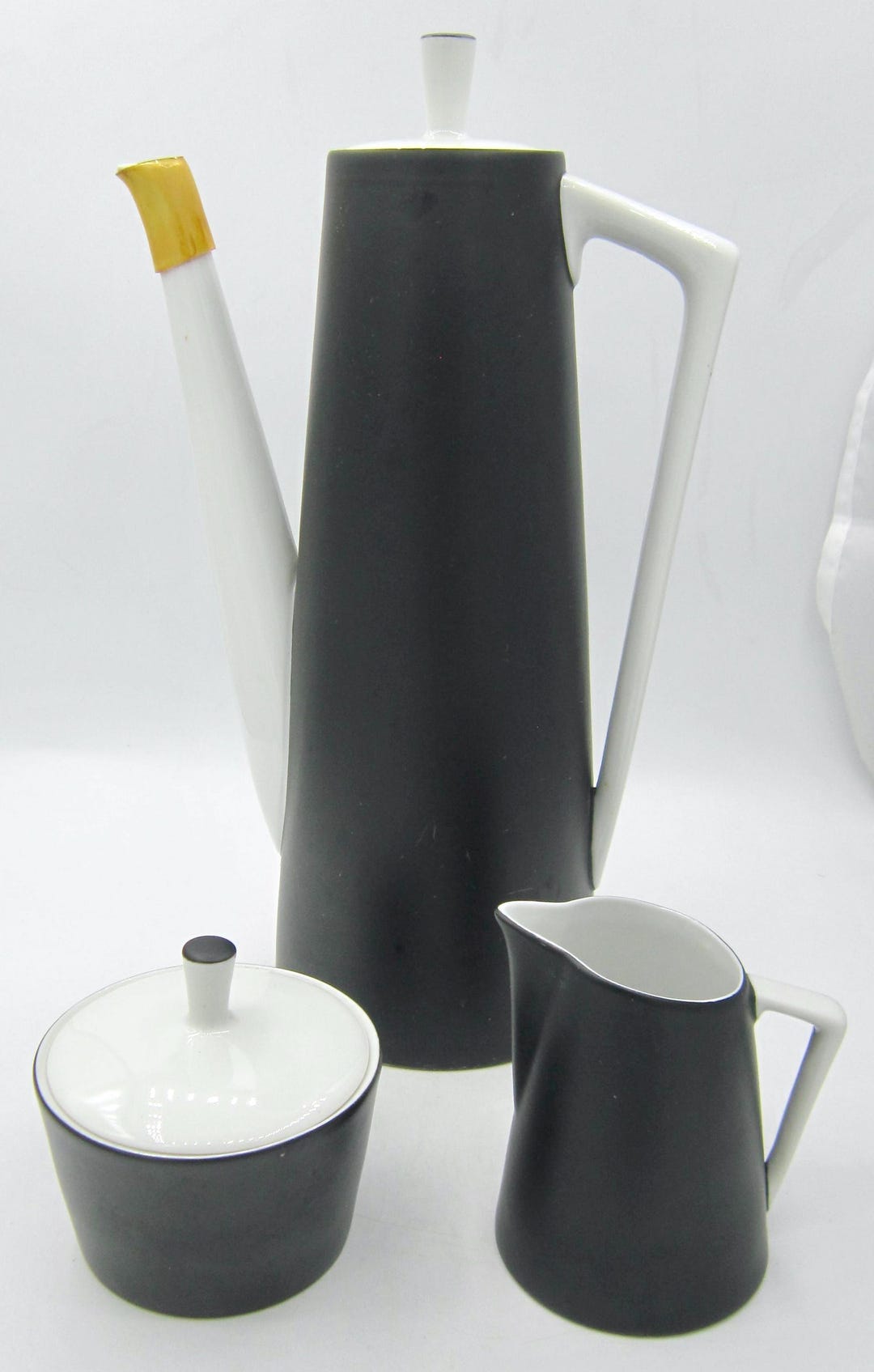 1960年代　PRESTO コーヒーポット　スペーシエイジ　ミッドセンチュリー Contempo Frost Black and White Porcelain MCM Coffee Pot, Creamer
