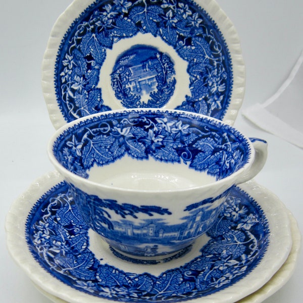 Mason's Vista Blue Ironstone Flat Tea Cup and 3 Saucers - England