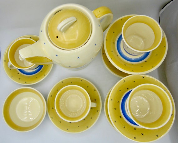 Susie Cooper Tyrol Yellow Blue Coffee Pot, Open Sugar Bowl and 6