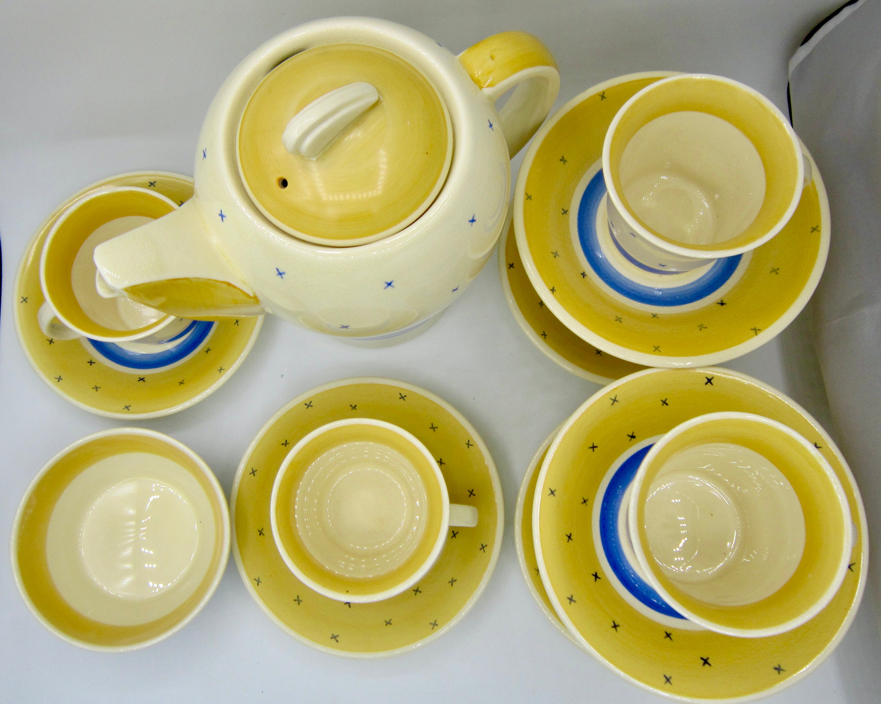 Susie Cooper Tyrol Yellow Blue Coffee Pot, Open Sugar Bowl and 6