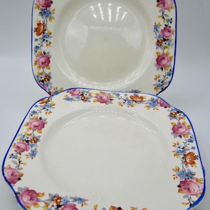 Morley Fox Bread and Butter Square Side Plates (3) - Flowers and Blue Trim - England