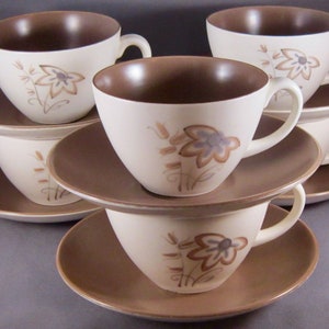 Poole Pottery Trudiana Twin Tone Cup and Saucer Sets (6) - Brown and Grey Flowers - England