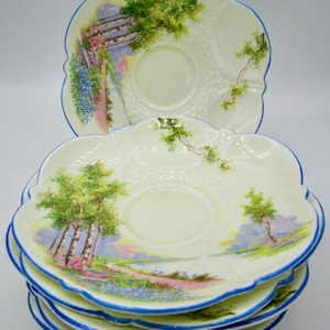 Aynsley Bluebell Time Bone China Saucers (6) - Embossed and Blue Trim (2044) - England