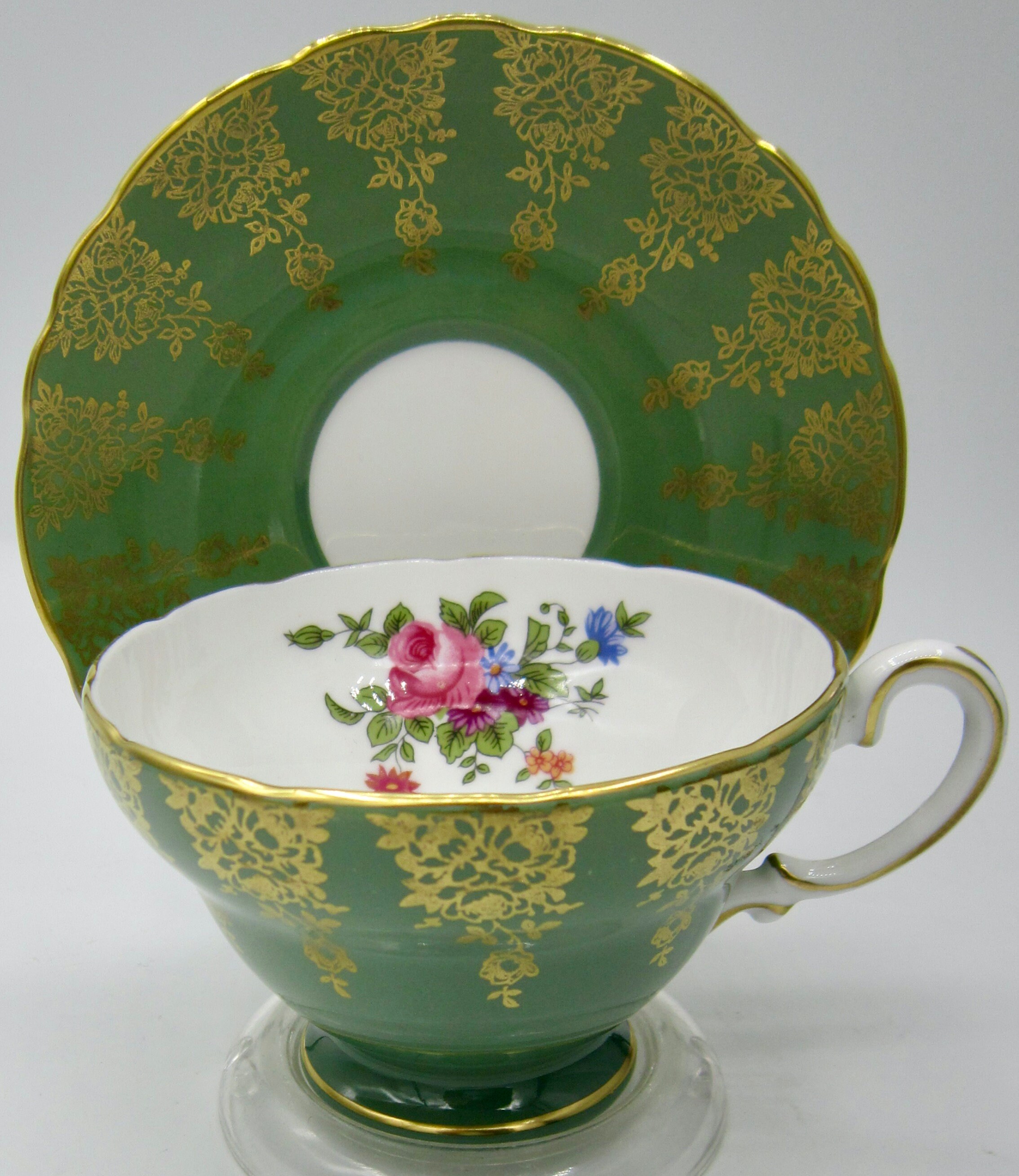 Crown Staffordshire Bone China Teacup and Saucer (700) Green and