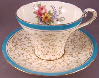 Aynsley Bone China Corset Teacup and Saucer (B4961) Gold Leaves and Turquoise Trim - England