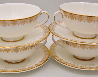 Royal Doulton Gold Lace (H4989) Bone China Cream Soup Bowl and Saucer Sets (4) - England