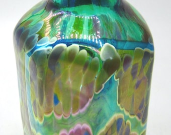 Robert Held Signed Octagonal Iridescent Blue Green Art Glass Vase
