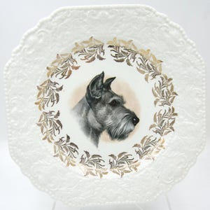 May include: A white ceramic plate featuring a central illustration of a grey and black Schnauzer dog head in profile. The plate has an embossed scalloped rim and a decorative circular border of gold-colored fern-like leaves surrounding the dog.