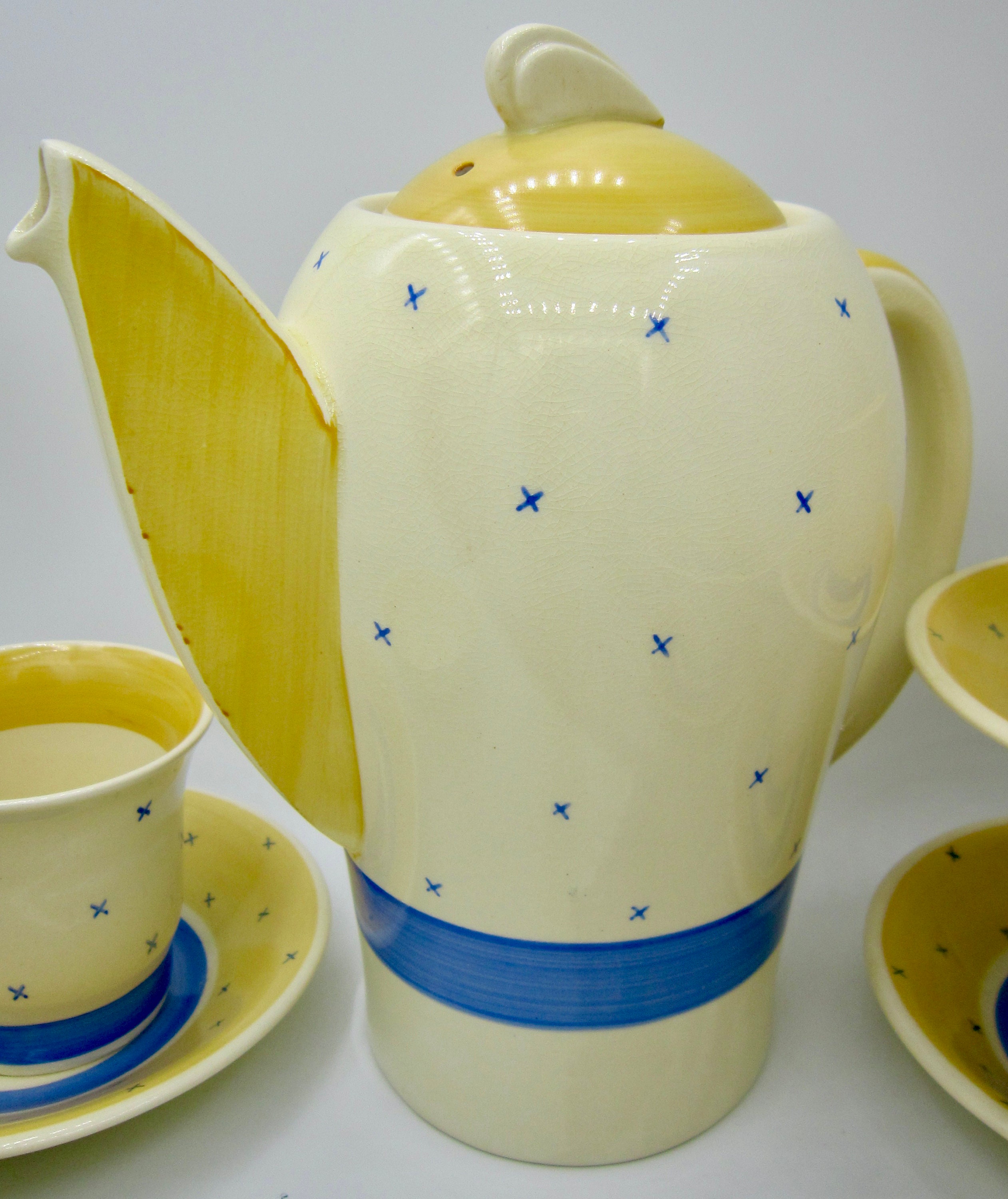 Susie Cooper Tyrol Yellow Blue Coffee Pot, Open Sugar Bowl and 6