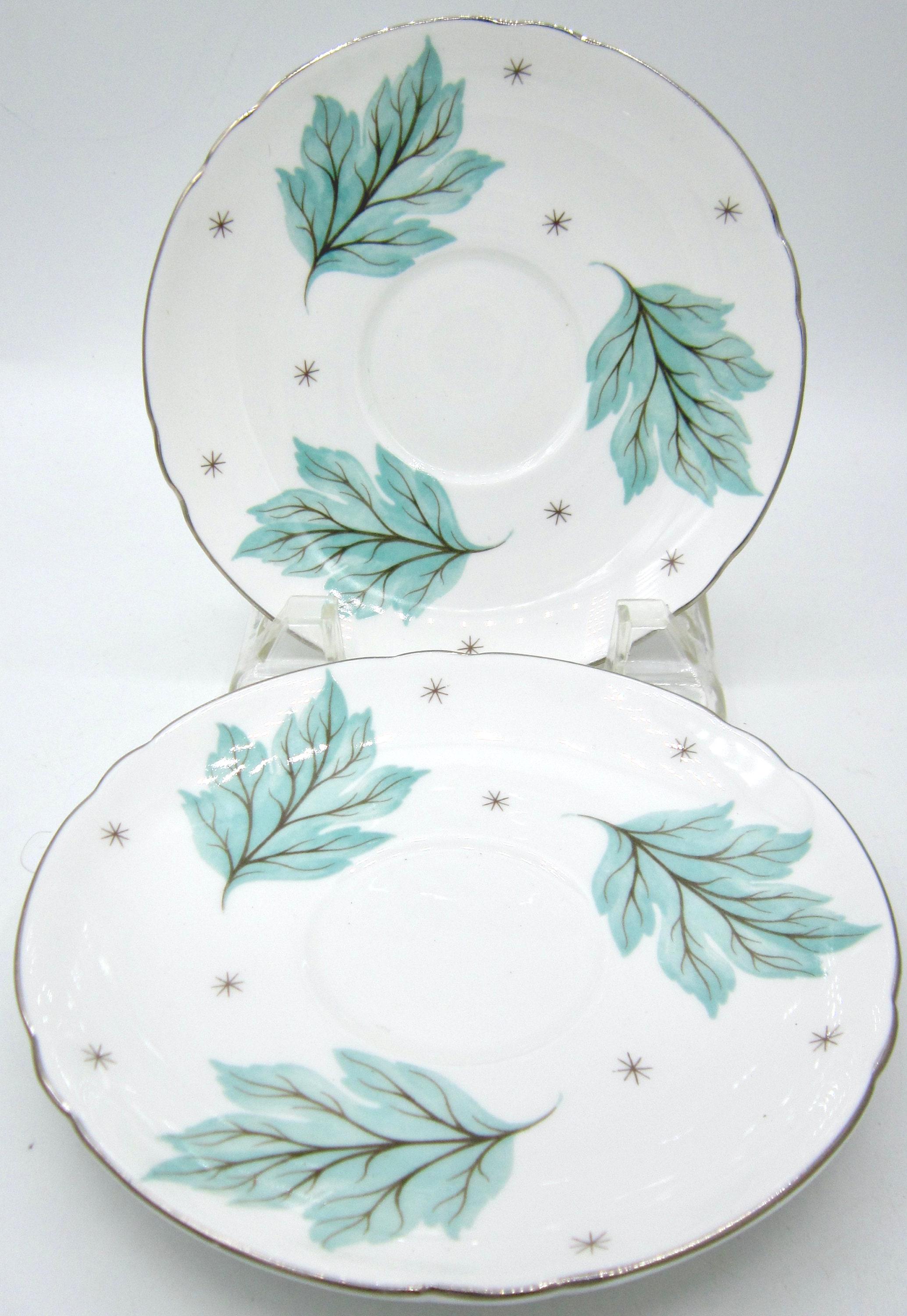 Shelley Drifting Leaves Bone China Saucers - Teal Green - England