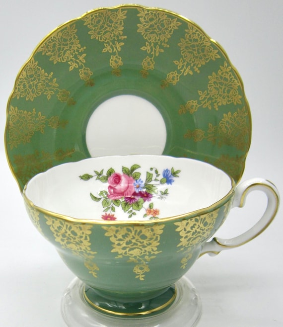 Crown Staffordshire Bone China Teacup and Saucer (700) Green and