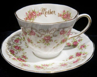 Queen's Bone China Mother Teacup and Saucer - Pink Flowers and Roses