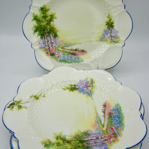 Aynsley Bluebell Time Bone China Dessert Plates  (4) - Embossed and Blue Trim (2044) - England