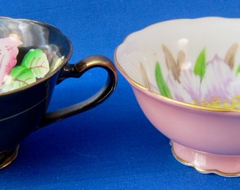 Occupied Japan Hand Painted Porcelain Black and Pink Tea Cups - Pink Flowers