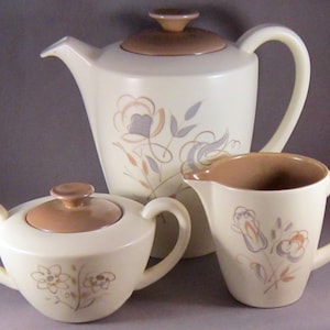 Poole Pottery Trudiana Twin Tone Coffee Pot, Creamer and Covered Sugar Bowl - Brown and Grey Flowers - England