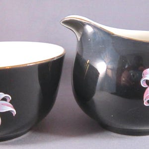 Palissy Pottery Orchid Creamer and Open Sugar Bowl (Black Background) - England