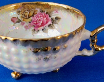 Hobnail Lustre Footed Tea Cup (2YD327) - Pink and Yellow Roses -  Japan