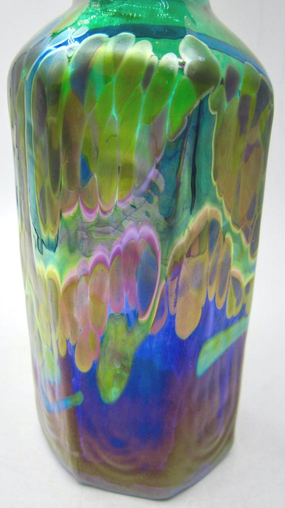 Robert Held Signed Octagonal Iridescent Blue Green Art Glass Vase