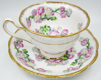 Royal Albert May Blossom Bone China Teacup and Saucer (2627) - Pink and Yellow Flowers