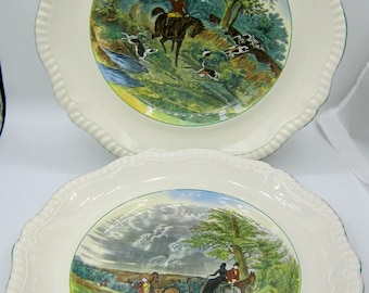 Copeland Spode Hunt Scenes (Green Ring) Dinner Plates (10.5 In.) - Draw The Din and The Kill - Gadroon Shape - England