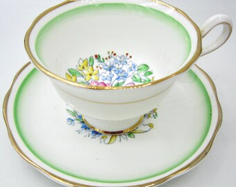 Royal Albert Bone China Teacup and Saucer (1581) - Flowers and Green Band - England