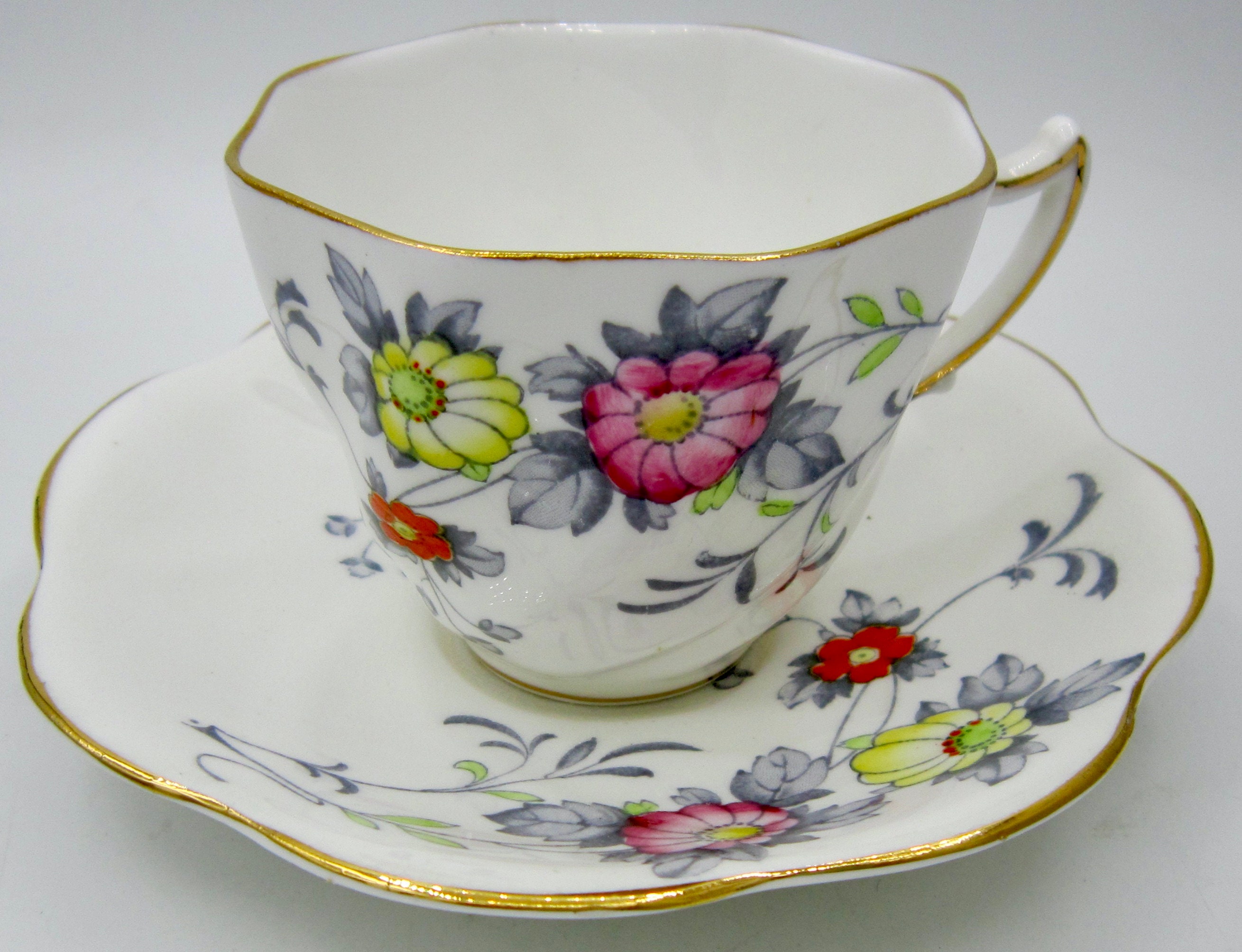 Rosina Bone China Tea Cup & Saucer (#4921) Yellow, Pink and Orange