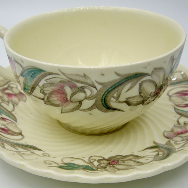 Susie Cooper Endon Flat Cup and Saucer (1417) - Red and Gray Flowers - England