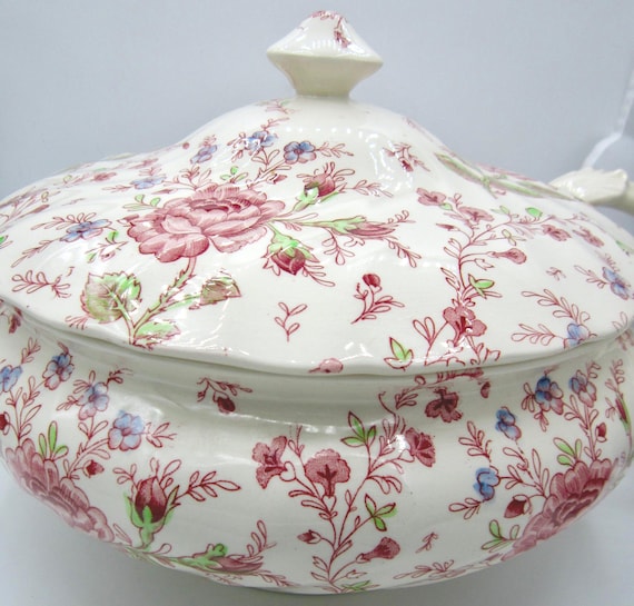 Johnson Brothers Rose Chintz Pink Soup Tureen and Ladle - England