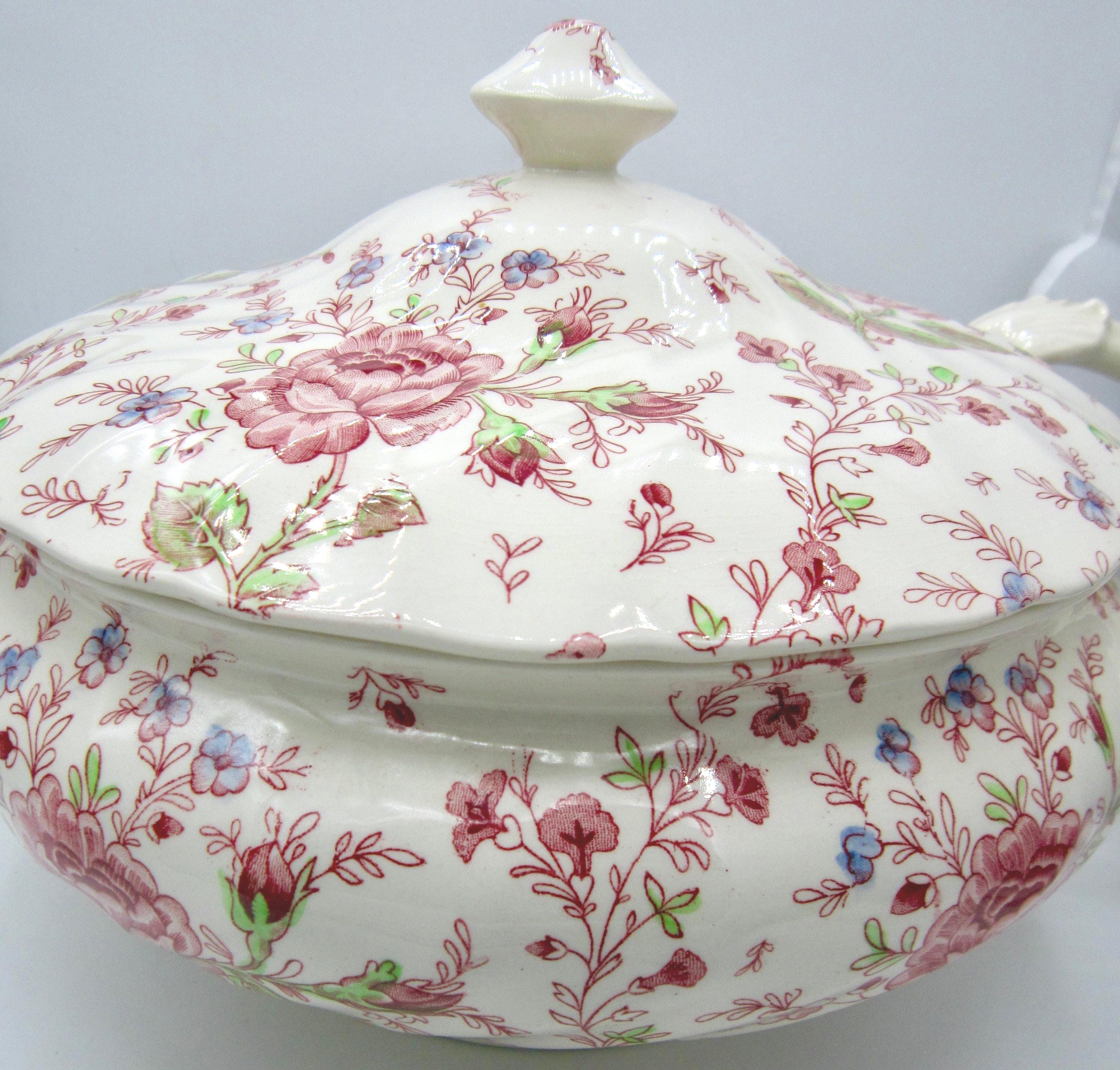 Johnson Brothers Rose Chintz Pink Soup Tureen and Ladle - England