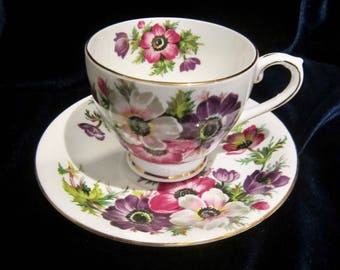 Vintage Queen Anne Anemone Bone China Tea Cup and Saucer - Purple Pink Flowers - England
