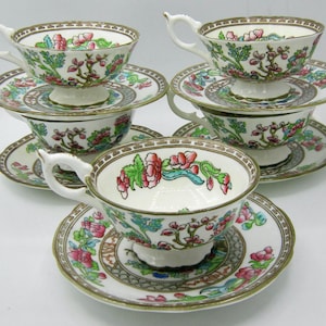 Coalport India Tree Multi Colour Semi Scalloped Tea Cup and Saucer Sets (5) - England