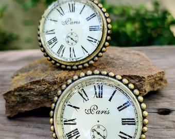 Vintage Fancy Furniture Knobs-  Clock Face Under Glass, Beaded Brass Surround, France Decor, Shabby Chic, Paris Apartment- FIVE Available