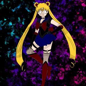 May include: Digital illustration of a character with long blonde hair, wearing a black top, blue skirt, and red boots. The character has a red bow and a choker. The background is a dark, splattered mix of purple, blue, and pink.