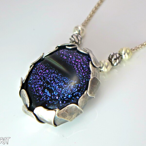 Purple stone pendant, Sterling silver necklace, fused glass jewelry, purple pendant, bright colour, purple necklace, pendant necklace