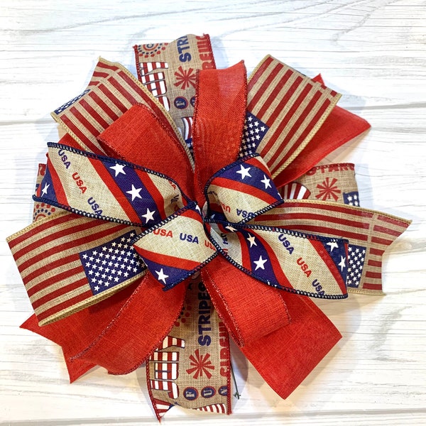 Americana bow, patriotic wreath bow, Lantern bow, red white and blue tree topper bow, 4th of July tree topper