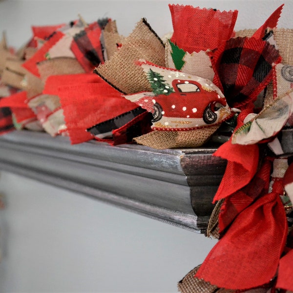 Red truck garland, burlap red and black plaid ribbon garland, country Christmas decor