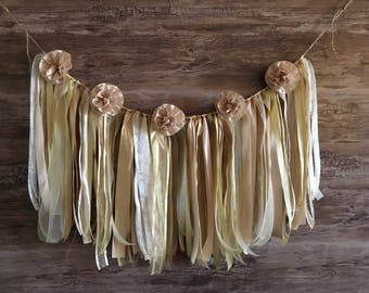 nursery flower banner, ribbon garland, bedroom decor, blush rose gold, shabby chic decor, romantic backdrop, wall hanging, bedroom wall art