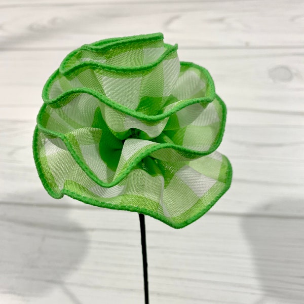 Green check ribbon rose pick, flowers for wreath making, flowers for floral arrangements, wedding flowers, flowers for crafting