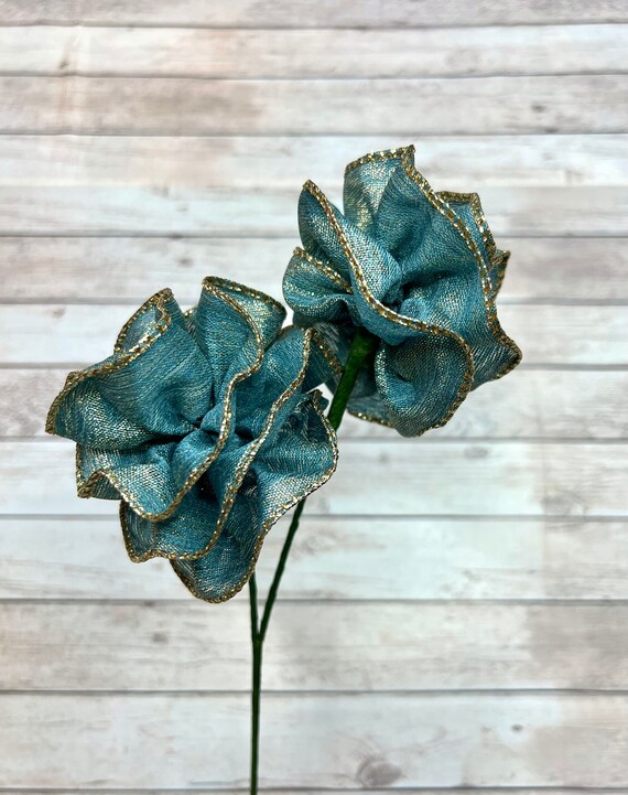 Turquoise Gold Flowers, Flower Picks, Garland Flowers, Christmas Ornaments,  Wedding Decorations, Fabric Roses 