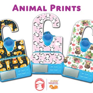 May include: Three blue digital timers with animal print designs. One has sloths on a dark background, another pandas on pink, and the third sloths with floral accents. The text "ANIMAL PRINTS" is at the top.