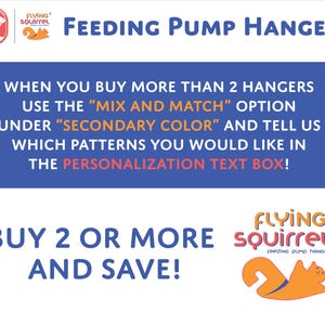 Pode incluir: Um gr&aacute;fico promocional para os cabides de bomba de alimenta&ccedil;&atilde;o Flying Squirrel. A imagem apresenta o logotipo da marca, o texto "Feeding Pump Hanger" e instru&ccedil;&otilde;es sobre como encomendar. O texto est&aacute; em um fundo azul e branco com detalhes em laranja.