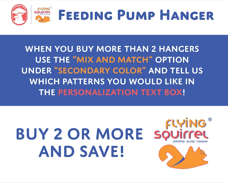 Pode incluir: Um gr&aacute;fico promocional para os cabides de bomba de alimenta&ccedil;&atilde;o Flying Squirrel. A imagem apresenta o logotipo da marca, o texto "Feeding Pump Hanger" e instru&ccedil;&otilde;es sobre como encomendar. O texto est&aacute; em um fundo azul e branco com detalhes em laranja.