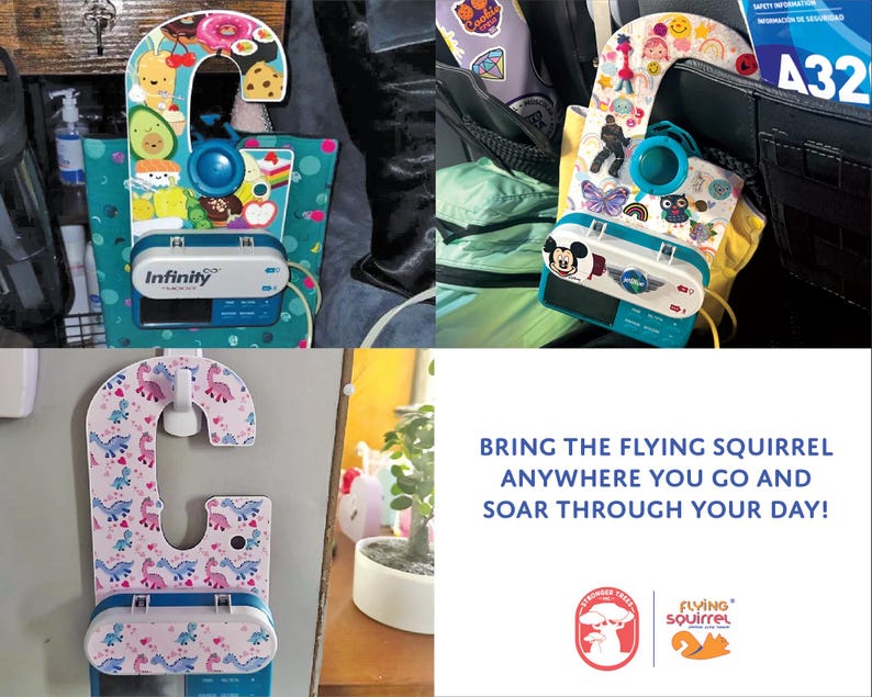 Pode incluir: Um organizador de viagem multicolorido com um gancho, apresentando v&aacute;rios designs como sobremesas, dinossauros e personagens de desenhos animados. Inclui um dispositivo de carregamento com o logotipo "Infinity" e o texto "BRING THE FLYING SQUIRREL ANYWHERE YOU GO AND SOAR THROUGH YOUR DAY!"