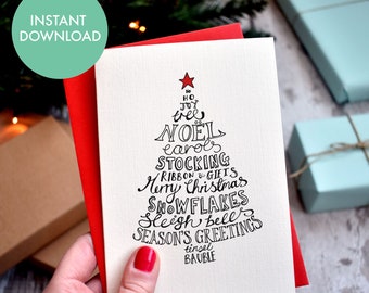 Printable Typographic Christmas Shapes Cards | 5 Digital Christmas Card Designs | Instant download